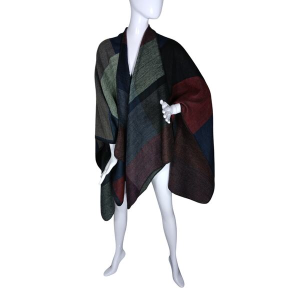 Just Fab Wrap/Poncho Colorblock Blue Black Burgundy One Size Fits Most Knit - Picture 2 of 6
